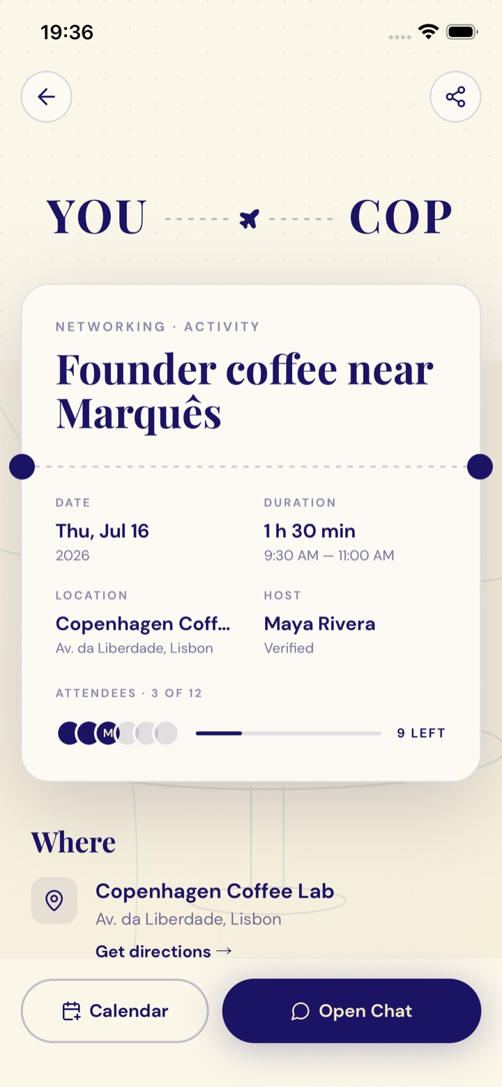 A Nomad Connect activity shown as a boarding pass: Founder coffee near Marquês with date, host and attendees