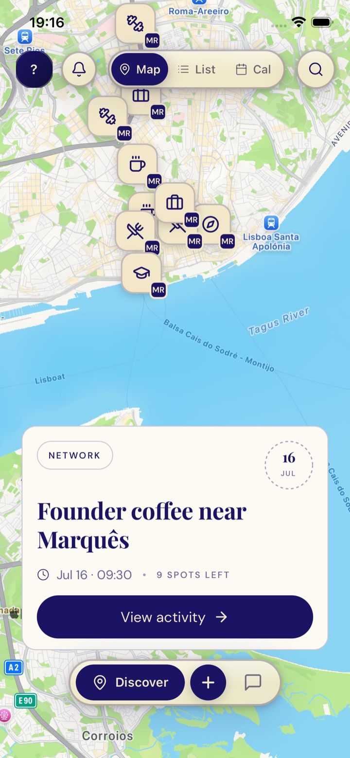 A networking meetup, Founder coffee near Marquês, featured on the Nomad Connect map